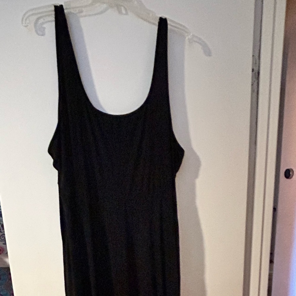 Calf length scoop neck A-line black dress
